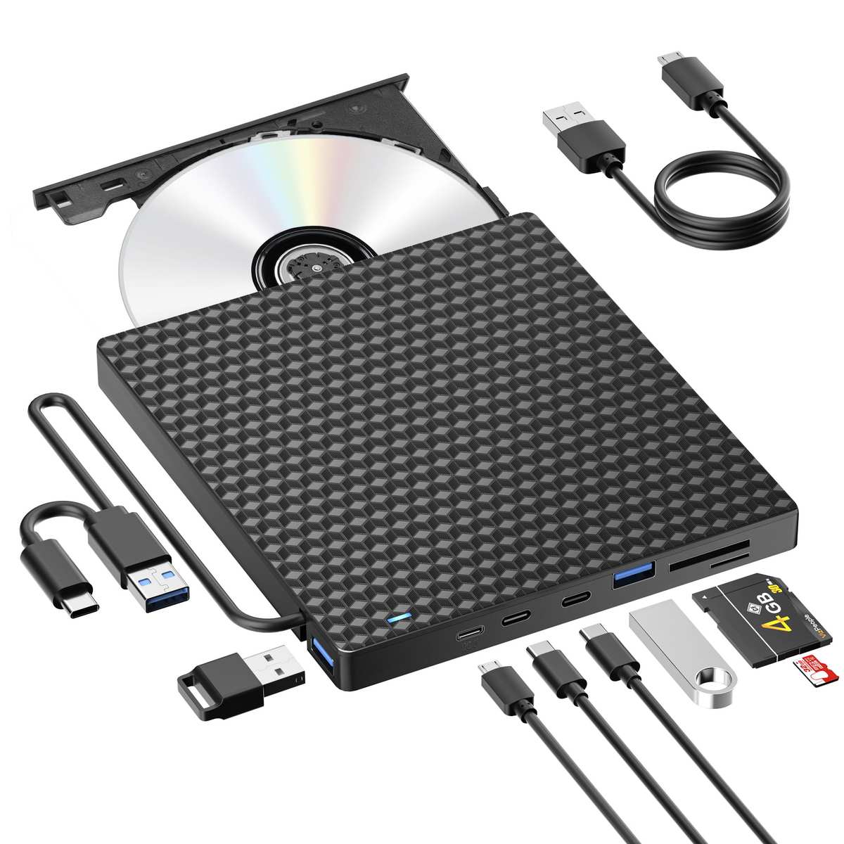 Reproductor y Grabador Externo de CD/DVD 8 en 1. Hub USB Multi-Puerto + Lector de Tarjetas Integrado | Plug & Play