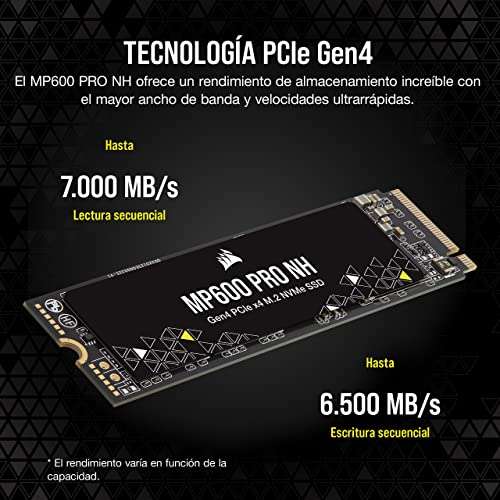Corsair MP600 PRO NH 2 TB SSD PCIe Gen4 x4 NVMe M.2, TLC NAND Alta Densidad, Compatibilidad DirectStorage, Hasta 7.000 MB/s, Sin Disipador