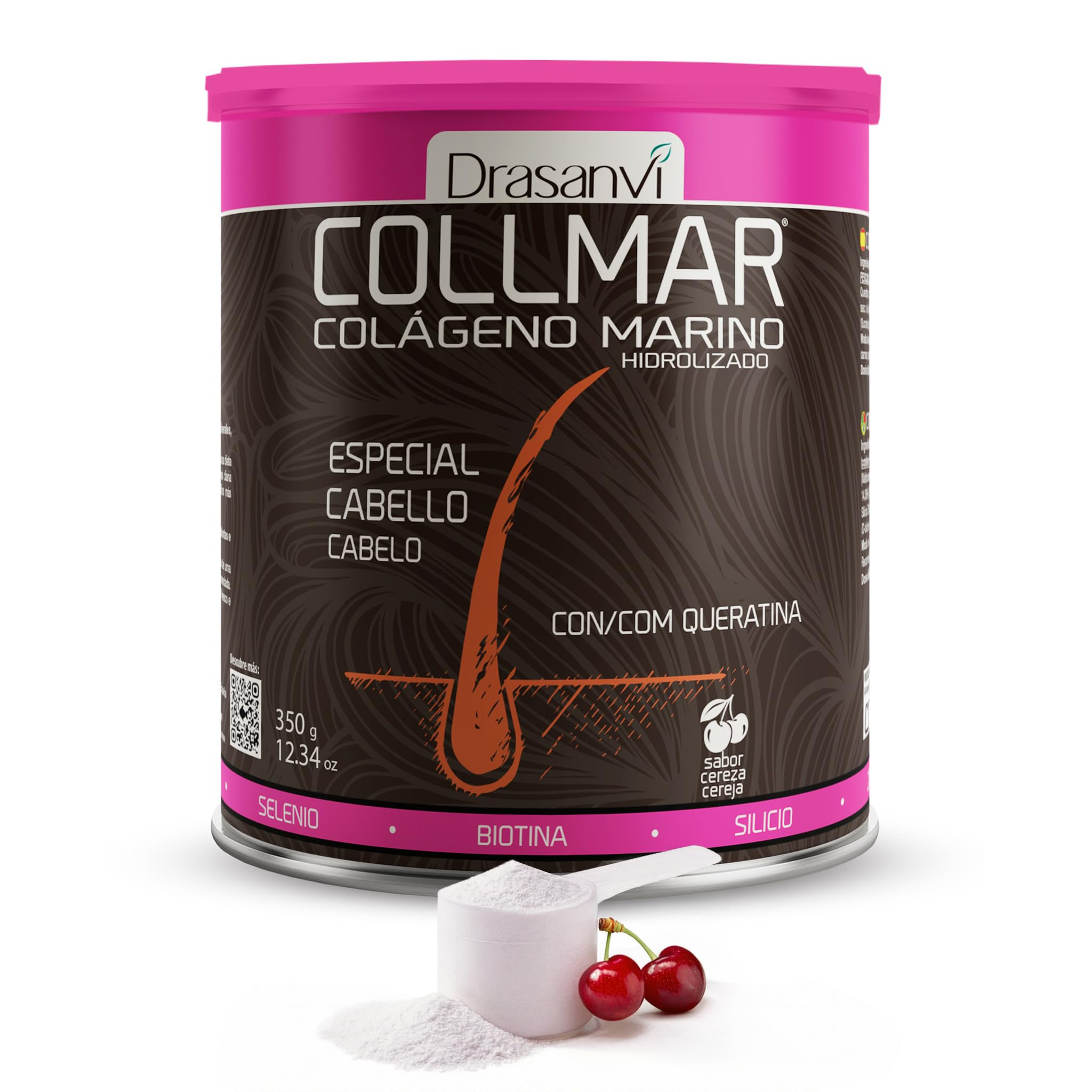 Colágeno para Cabellos Débiles y Finos| Alta Dosis 5.000 mg/día | 350g de Polvo = 35 Días | Sabor Cereza