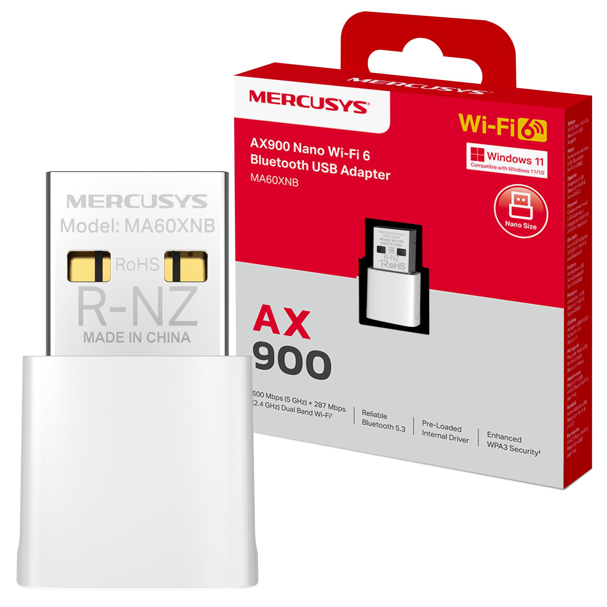 Mercusys MA60XNB-Adaptador WiFi USB, AX900, 600 Mbps, WiFi 6, Bluetooth 5.3