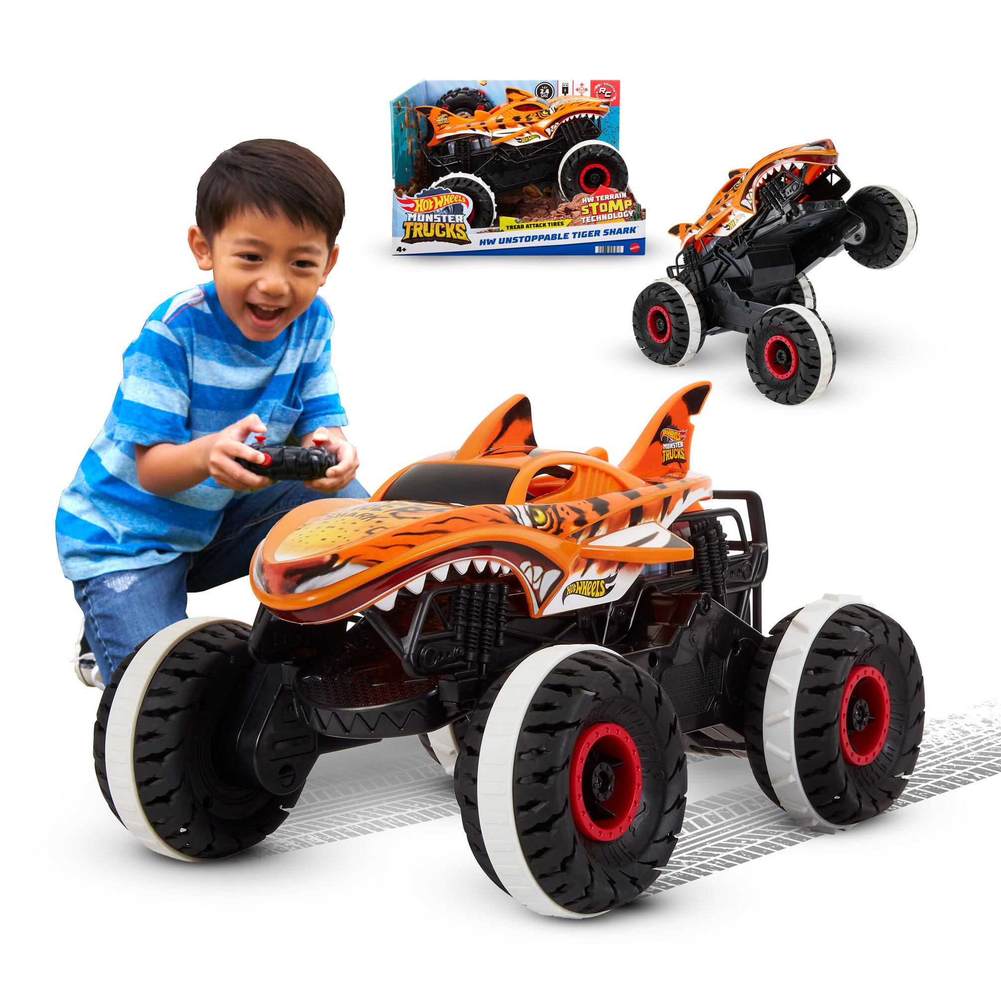 Hot Wheels Monster Trucks Coche Teledirigido, Coche de Juguete Radio Control teledirigido Tiger Shark Unstoppable. Vehículo todoterreno