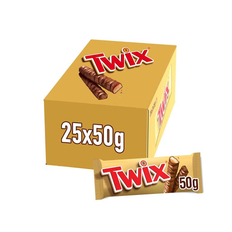 Twix Chocolatina con Galleta crujiente y suave caramelo recubiertos de chocolate con leche (25 x 50g) (9'90€ sin cupón nuevo usuario)