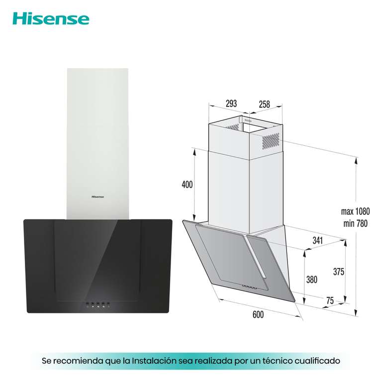 Hisense CH6IN6BXBG - Campana Decorativa 60 cm, Capacidad de Succión de 650 m³/h, Iluminación LED, Filtro de aluminio de Fácil Mantenimiento