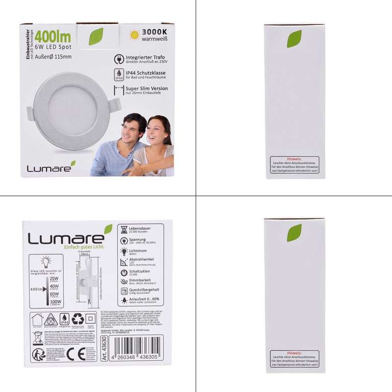 Lumare LED 6W | 400lm | Ø100mm de diámetro de taladro | Luz plata redonda | 230V | IP44 | Blanco cálido 3000K | Juego de 3