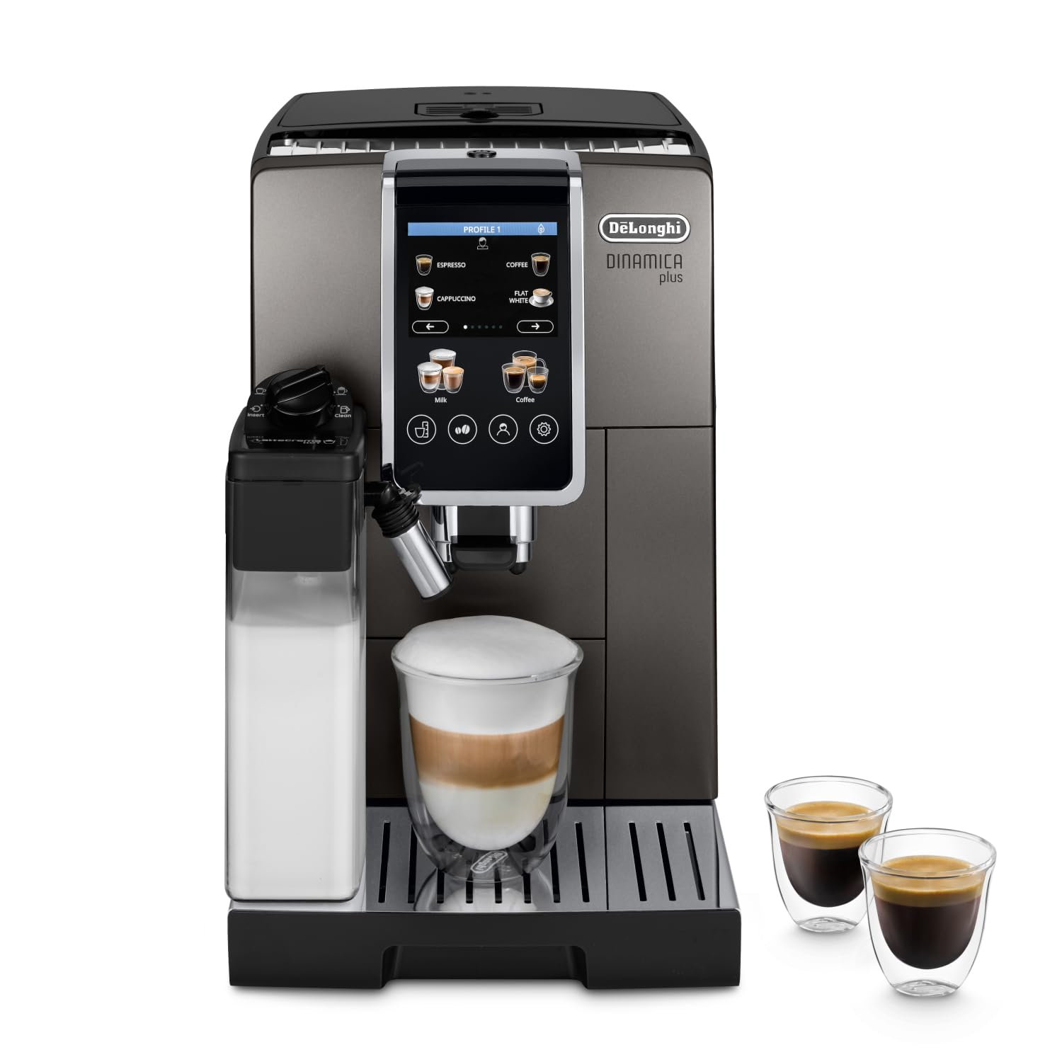 Cafetera De'Longhi Dinamica Plus ECAM380.95.TB (Superautomática, 24 bebidas, LatteCrema, pantalla táctil color, café en grano, Amazon)