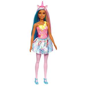 Barbie Unicornio Muñeca con pelo y cuerno rosa, falda de estrellas y accesorios fantasía