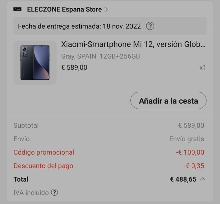 Xiaomi mi 12 de 12GB/256GB Versión Global desde AliExpress Plaza