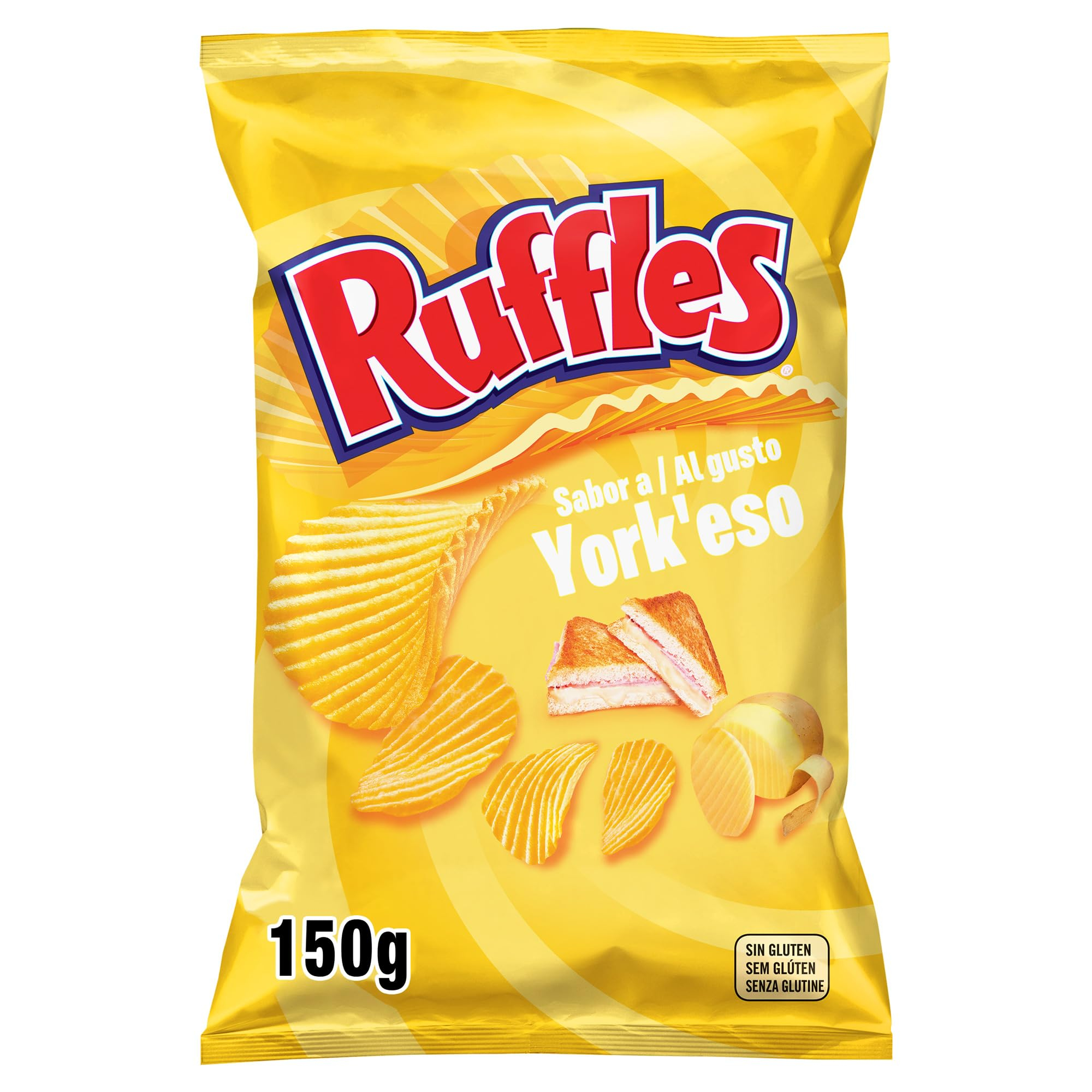 Ruffles Yorkeso, Patatas Fritas con sabor a jamón y queso, Producto de Aperitivo, bolsa individual, 150gr