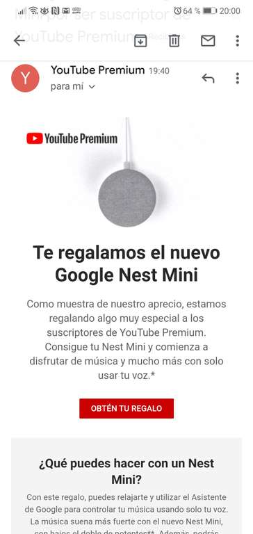 Google Nest Mini GRATIS para suscriptores YouTube Premium SELECCIONADOS