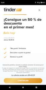 Tinder Gold 50% descuento 1 mes