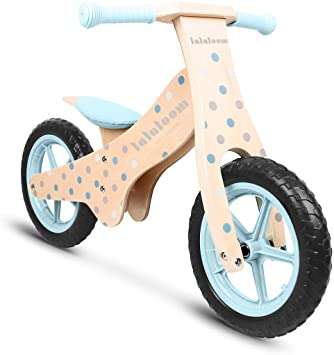 Lalaloom BUBBLE BIKE - Bicicleta Andador Madera azul diseño topos burbujas sin Pedales, Correpasillos niños Sillín regulable ruedas goma EVA