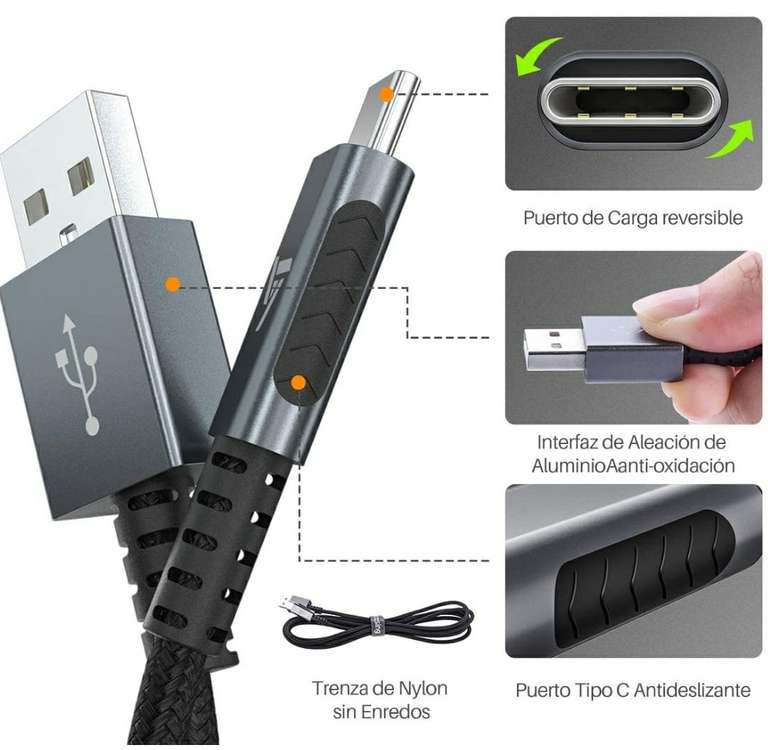 Pack de dos cables USB C metálicos y cable reforzado con nylon
