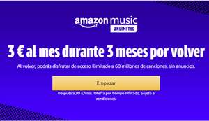 Amazon Music Unlimited 3 meses por 3 € si ya te suscribiste alguna vez (solo aptos)
