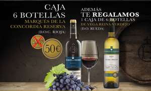 6 botellas de Concordia Reserva tinto rioja y de regalo 6 botellas de Vega Reina blanco rueda