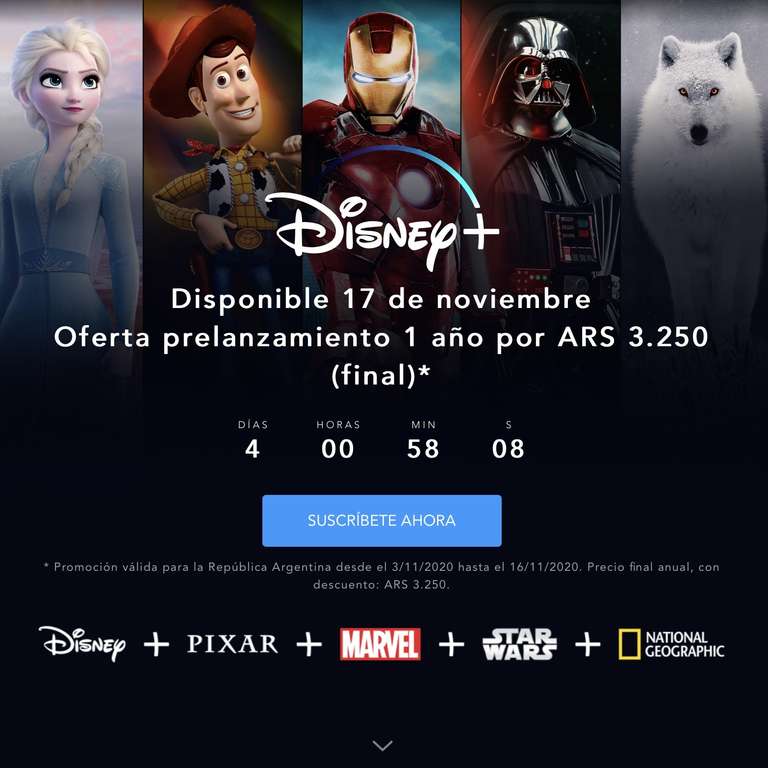 Disney+ por solo 35€ al año al contratar el preestreno en Argentina.