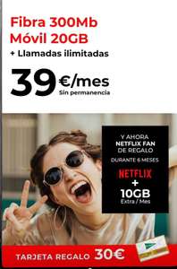300 MB Fibra +Móvil 20Gb +10Gb extra+Llamadas ilimitadas+6 meses de Netflix gratis+ 30€ tarjeta regalo el Corte Inglés (Sin permanencia)