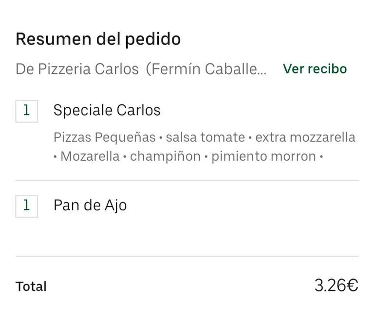 Pizzeria Carlos en Uber eats, pizza a 2,65