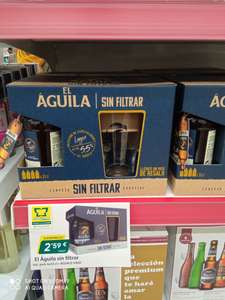 Cerveza El Águila sin filtrar, pack de 4 + vaso de regalo. Supermercados Más y Más.