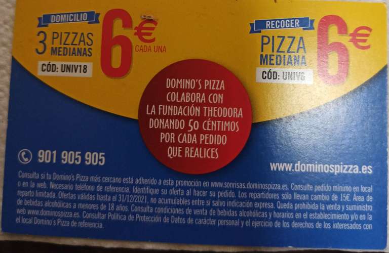 Domino's pizza , 3 pizzas medianas a domicilio por 18€ y 1 pizza a recoger por 6€