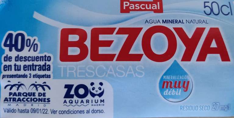 40% descuento Parque de Atracciones o Zoo de Madrid comprando 3 botellas de Bezoya