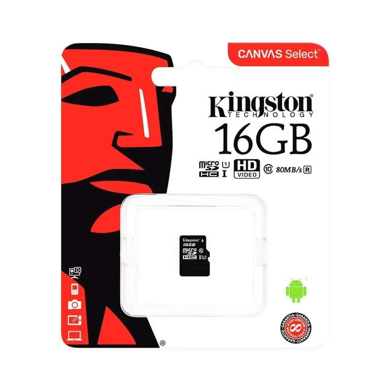 Micro SD Kingston 16GB Clase 10 hasta 80 MB/s Lectura (con Adaptador SD)