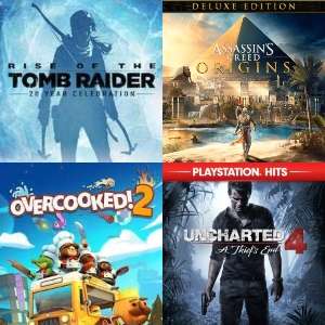 Tomb Raider: 20º Aniversario, Overcooked! 2, Uncharted 4, Assassin's Creed® Origins Deluxe, Until Dawn, Uncharted Collection, Pack Uncharted