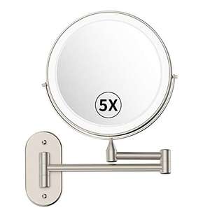 Espejo de Maquillaje con Luz LED y 1x/5x Aumento, con Doble Cara de 360° Rotación