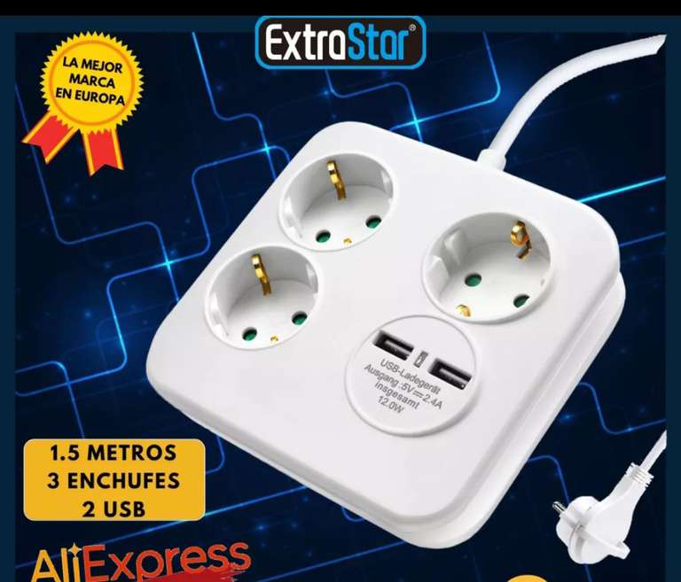 ExtraStar® Blanco Regleta 3 enchufes y 2 Puertos de Carga USB (5V 2.4A),1.5M de Cable Envío desde España (Plaza)