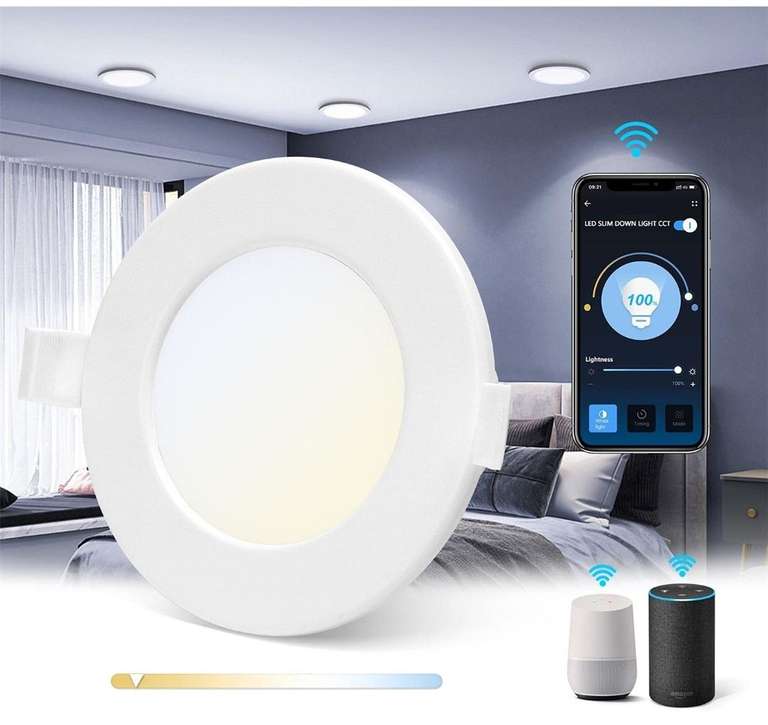 Slim Downlight LED inteligente Wifi, 6W, CCT. Regulable de luz cálida a blanca 3000-6500K,Compatible Alexa y Google Home.