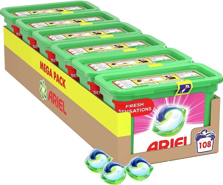 Ariel Pods Detergente Lavadora Cápsulas, 108 Lavados (6 x 18), Fragancia Sensaciones