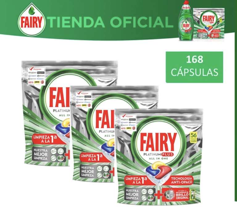 Fairy Platinum Plus Limón Todo en 1, 168 Cápsulas Para Lavavajillas, 3 Paquetes de 56 Cápsulas