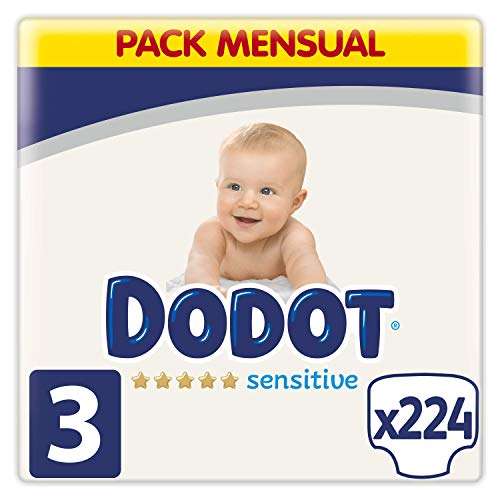 Dodot Pañales Bebé Sensitive Talla 3 (6-10 kg), 224 Pañales, Óptima Protección de la Piel de Dodot, Pack Mensual