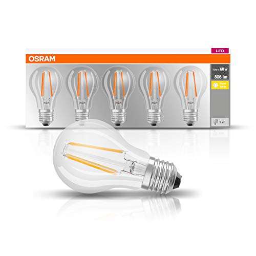 5 bombillas Osram LED casquillo E27, luz blanca cálida, 2700 K, 7 W, sustituye a bombilla incandescente de 60 W.