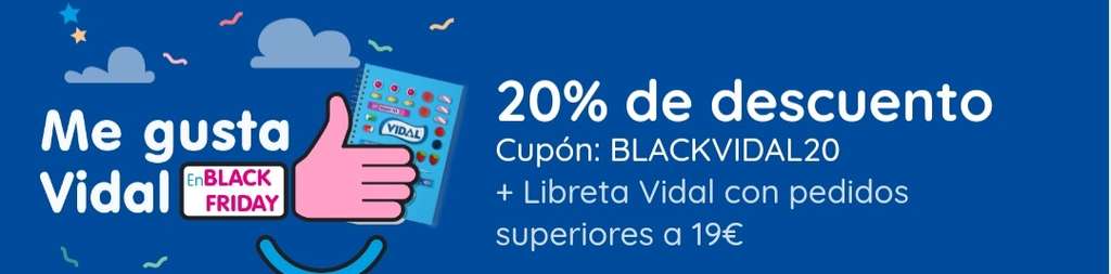 Promoción Blackfriday en golosinas Vidal 20% de descuento en toda la web + regalo libreta + envio gratis + ruleta de la suerte