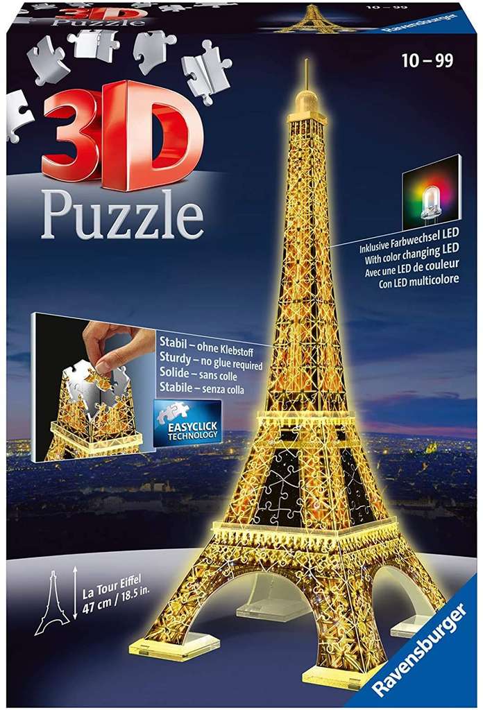 Ravensburger 125791, Puzzle 3D, Puzzle 3D Tour Eiffel Night, Edición Nocturna, 226 Piezas, Edad Recomendada 12+