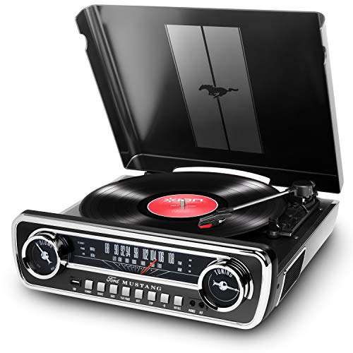 ION Audio Mustang LP - Centro de Música 4-en-1 con Diseño de Radio de Coche Clásico, con Giradiscos, Radio, USB y Entradas Auxiliares, Negro