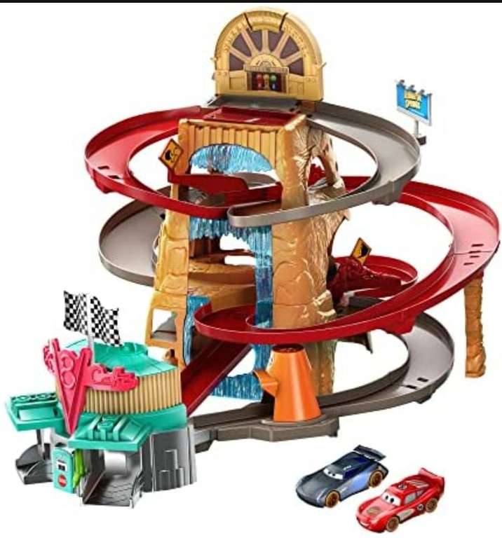 Cars Radiador Springs Pista de carreras de coches de juguete, incluye 2 vehículos personaje, regalo para niños +3 años