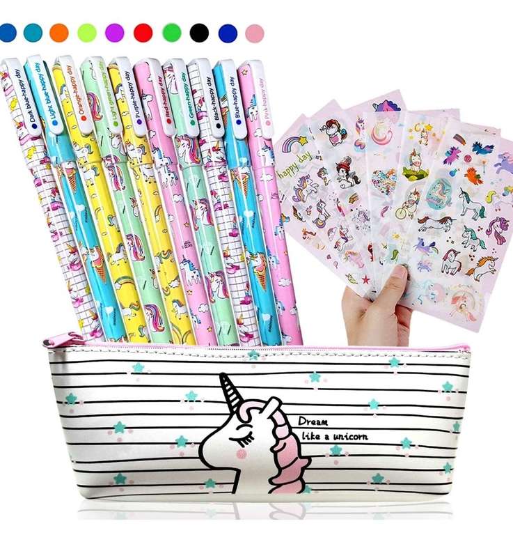 Estuche con 10 bolígrafos de colores y pegatinas de unicornios