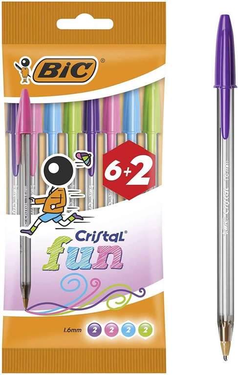 Bic Cristal Bolígrafos de Colores Surtidos, Fun, Punta Ancha (1,6 mm), Material Oficina, Blíster de 8 Bolis