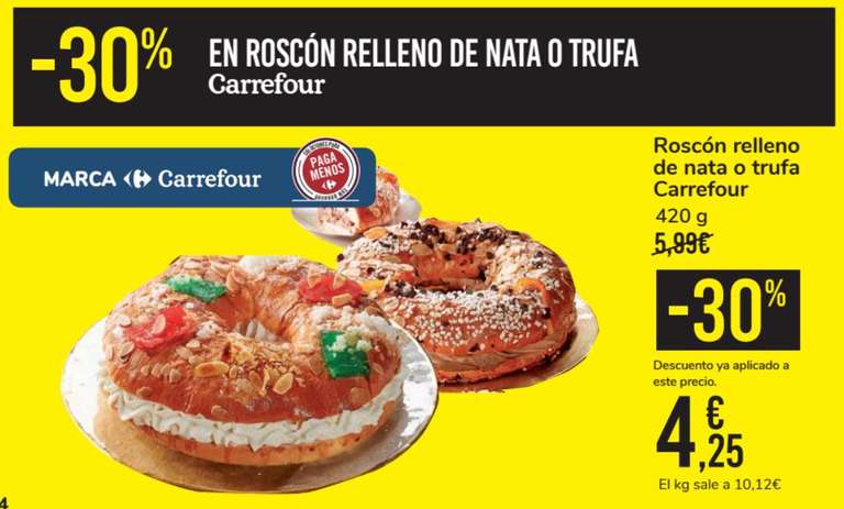 Roscón relleno de nata o trufa en Carrefour