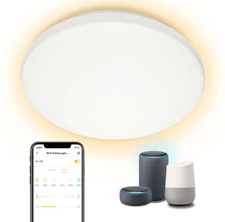 Plafón WiFi LED 28W, Ø400 × 70mm, 5-100% regulable, 2400Lm compatible con Alexa