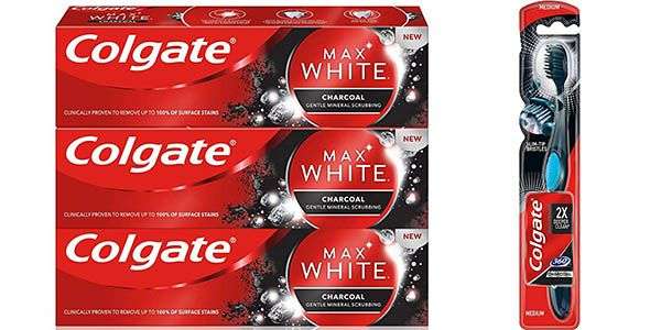 3 tubos dentífricos Colgate Max White Carbon de 75 ml + cepillo de dientes blanqueador Colgate