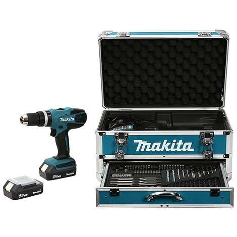 Taladro percutor MAKITA 18V / 2 Baterias / Maletin Aluminio / Accesorios (brocas, bits, vasos...)