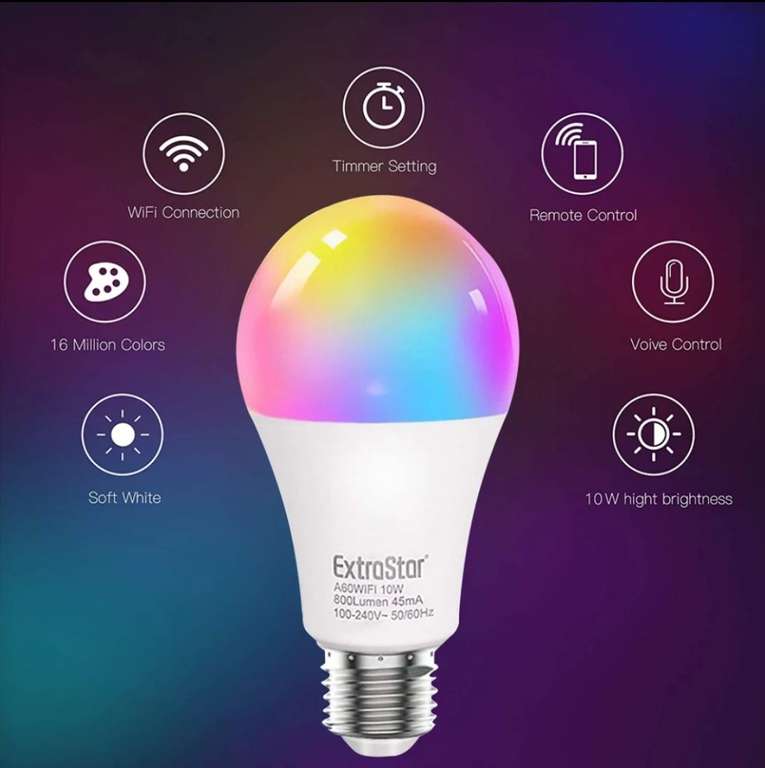 ExtraStar® 10W E27 Bombilla LED Inteligente Luces Cálidas/Frías & RGB,Lámpara Funciona con Alexa Google