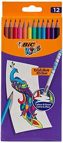 BIC Kids Evolution Illusion Lápices de Colores Borrables - Varios Colores, Pack de 12