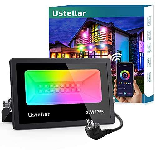 Ustellar 25W Focos LED RGB Inteligentes Exterior, Control de APP Bluetooth 16 Millones Colores Luz de Inundación, IP66 Impermeable .