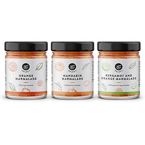 Marca Amazon - Happy Belly Select Colección de cítricos (naranja, mandarina, bergamota), 75 % mermelada, 180 g x 3