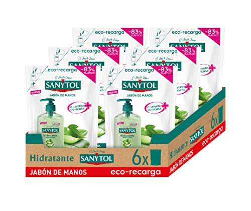 Pack de 6 x Sanytol - Eco Recarga de Jabón de Manos Hidratante Antibacteriano, con Aloe Vera y Té Verde