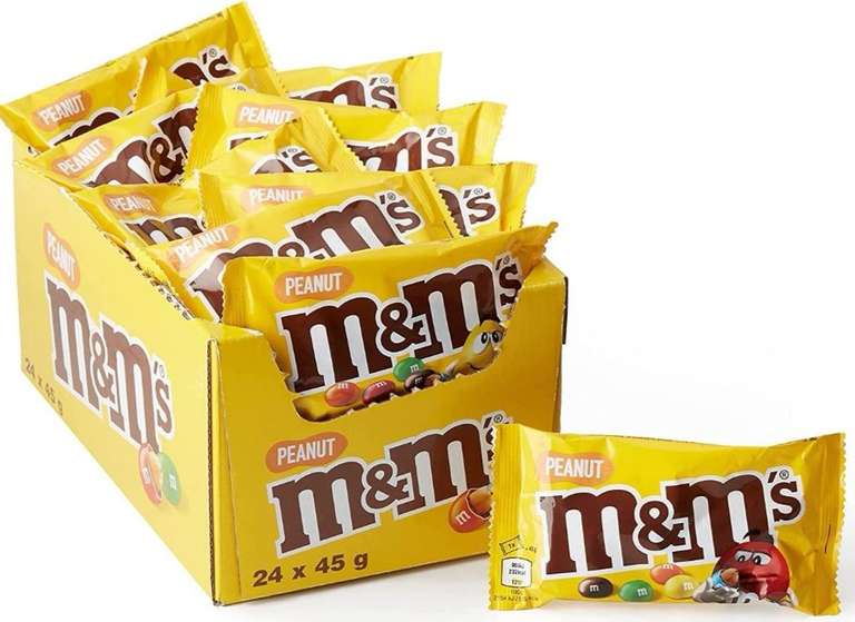 M&Ms Peanuts Snack en Bolitas de Colores de Cacahuete y Chocolate con Leche (24 Bolsitas x 45g)
