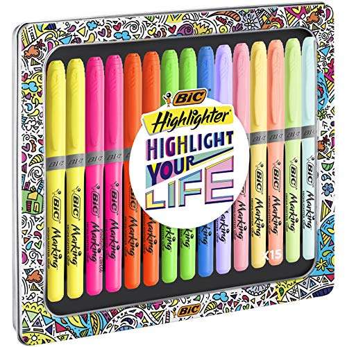 BIC Highlighter Collection Box - Subrayadores , Varios Colores En Tonos Intensos Y Pastel, Caja Metálica De Regalo Con 15 Unidades